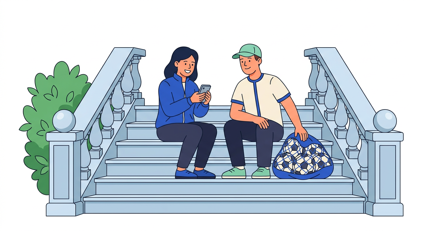 Illustration : deux bénévoles du club assis sur des marches, l’une regarde son téléphone, l’autre a un filet de ballons.